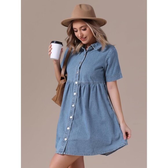 Women's Plus Size Denim Dress Babydoll Short Sleeve Button Down Mini - Picture 2 of 6